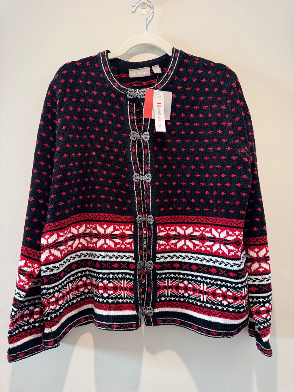 Vintage Classic Nordic-Pattern Women's Cardigan Sweater - Black & Red - NWT